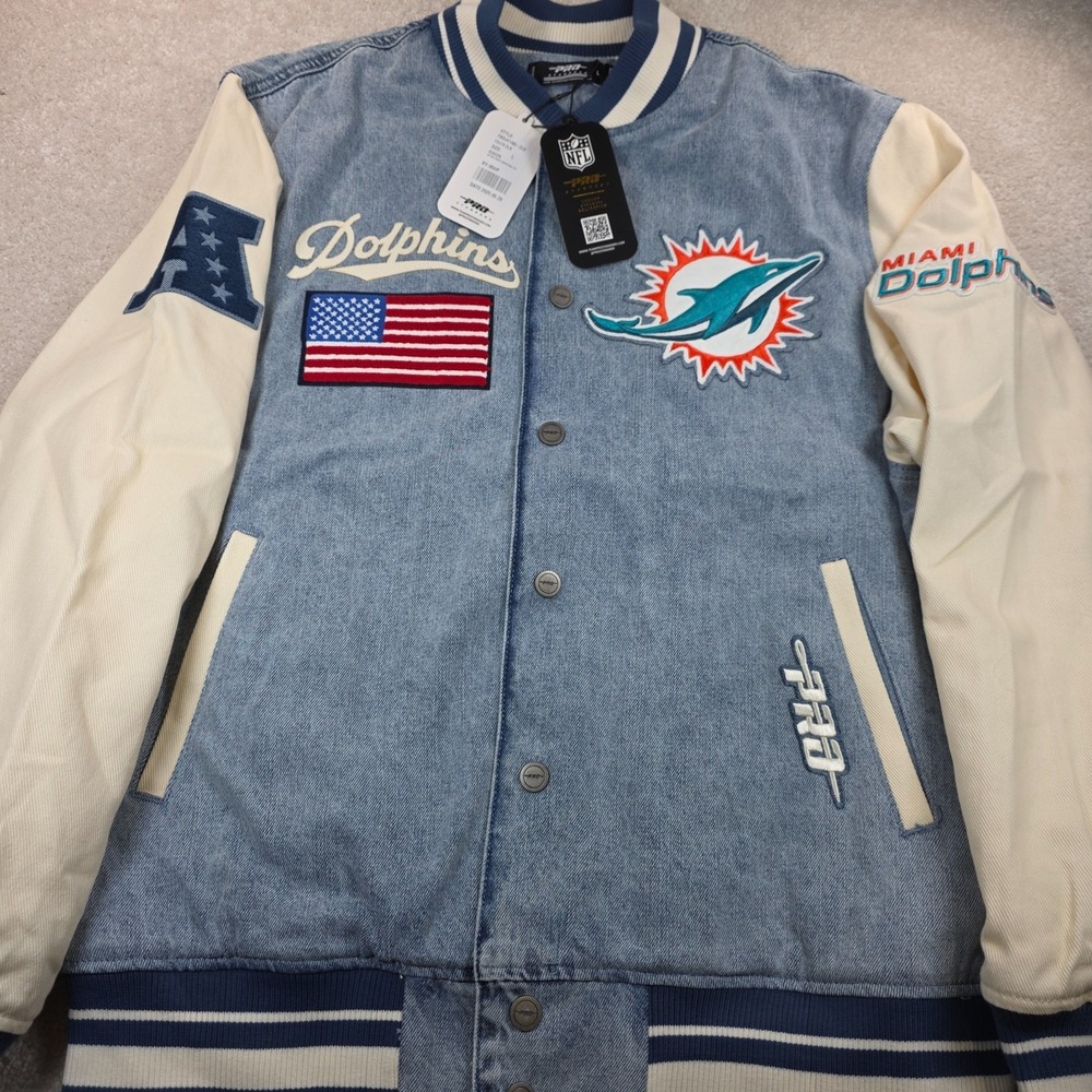 Miami Dolphins Varsity Jacket Mens L Pro Standard Denim NFL American Flag NWT